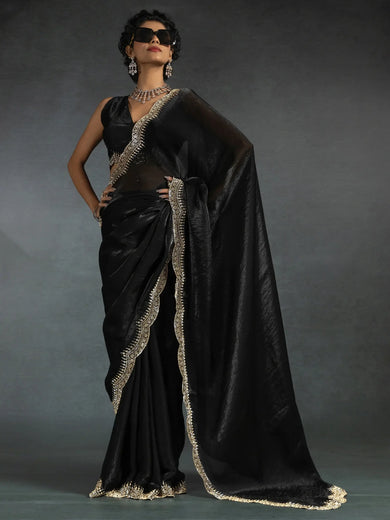 Marvelous Black Border Work Satin Party Wear Saree With Blouse