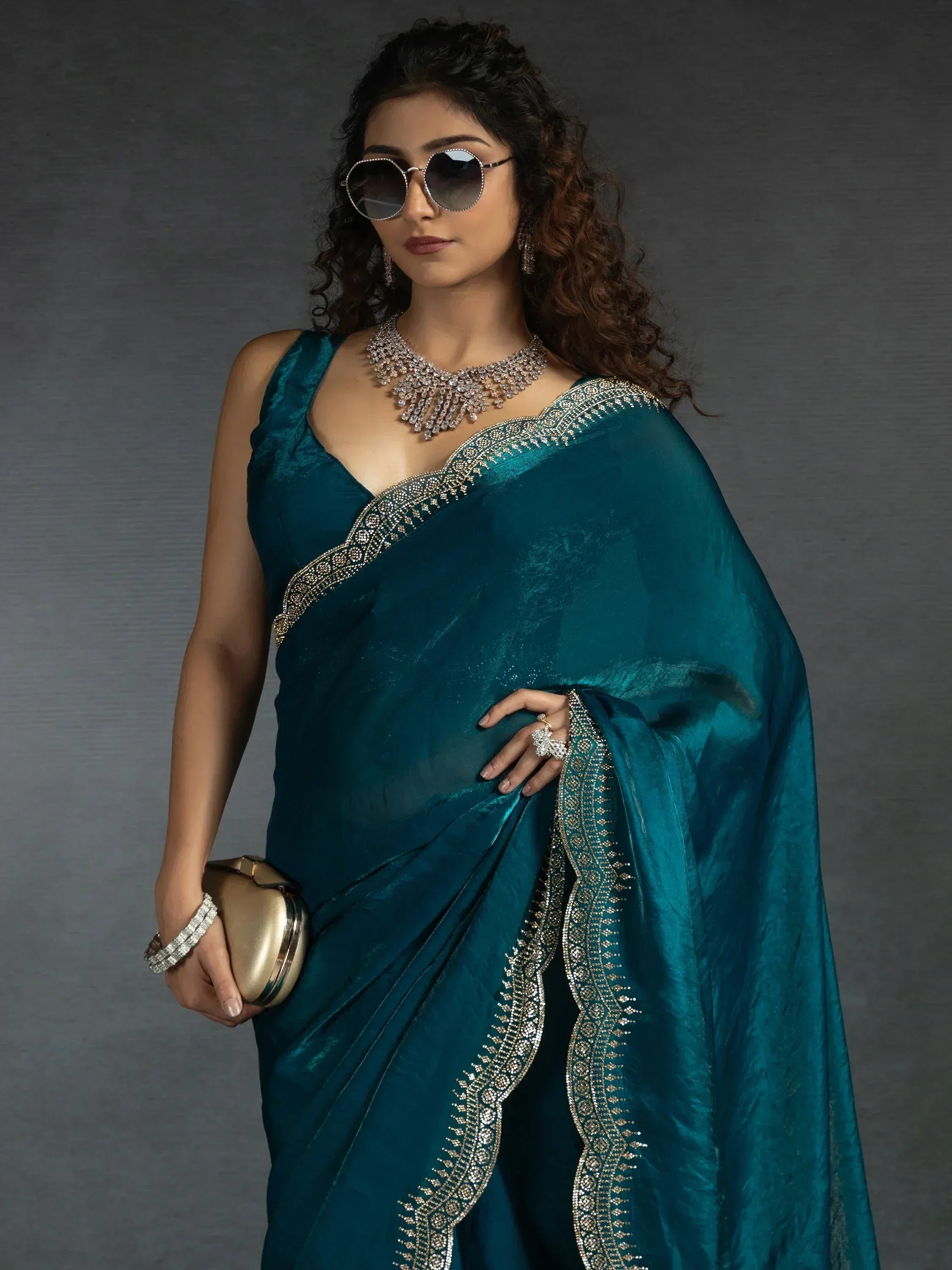 Awesome Teal Blue Satin Engagement Wear Saree With Blouse