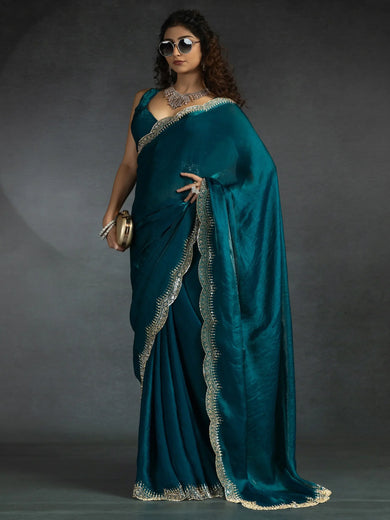 Awesome Teal Blue Satin Engagement Wear Saree With Blouse