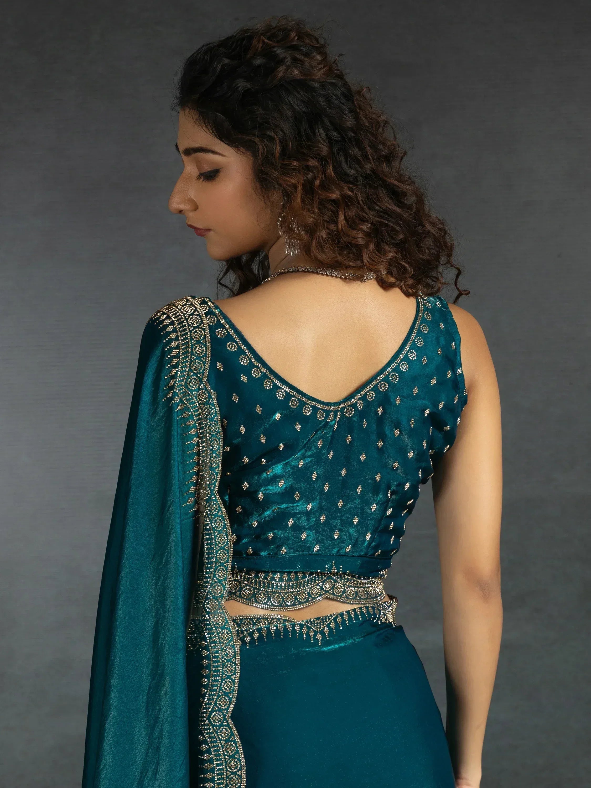 Awesome Teal Blue Satin Engagement Wear Saree With Blouse