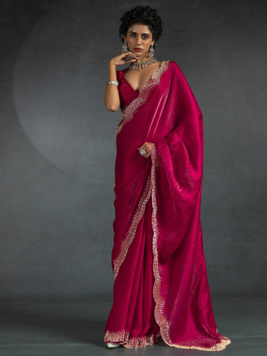 Amazing Rani Pink Border Work Satin Festival Wear Saree With Blouse