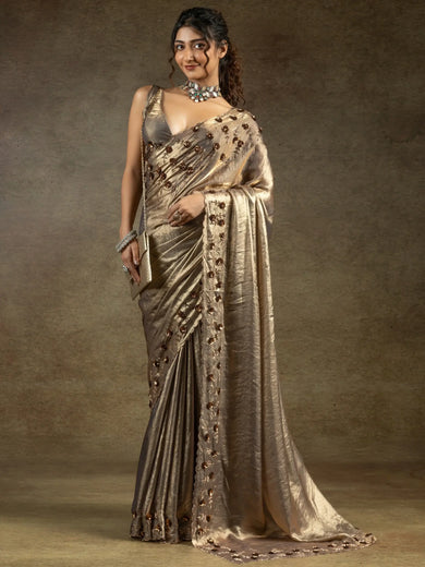 Fascinating Golden Jarkan Work Satin Party Wear Saree With Blouse