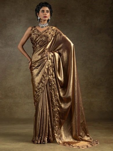 Mesmerizing Golden Satin Party Wear Saree With Jarkan Work Blouse