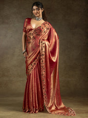 Bewitching Coral Orange Jarkan Work Satin Designer Saree With Blouse