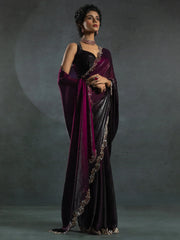 Beautiful Wine Border Work Satin Party Wear Saree With Blouse