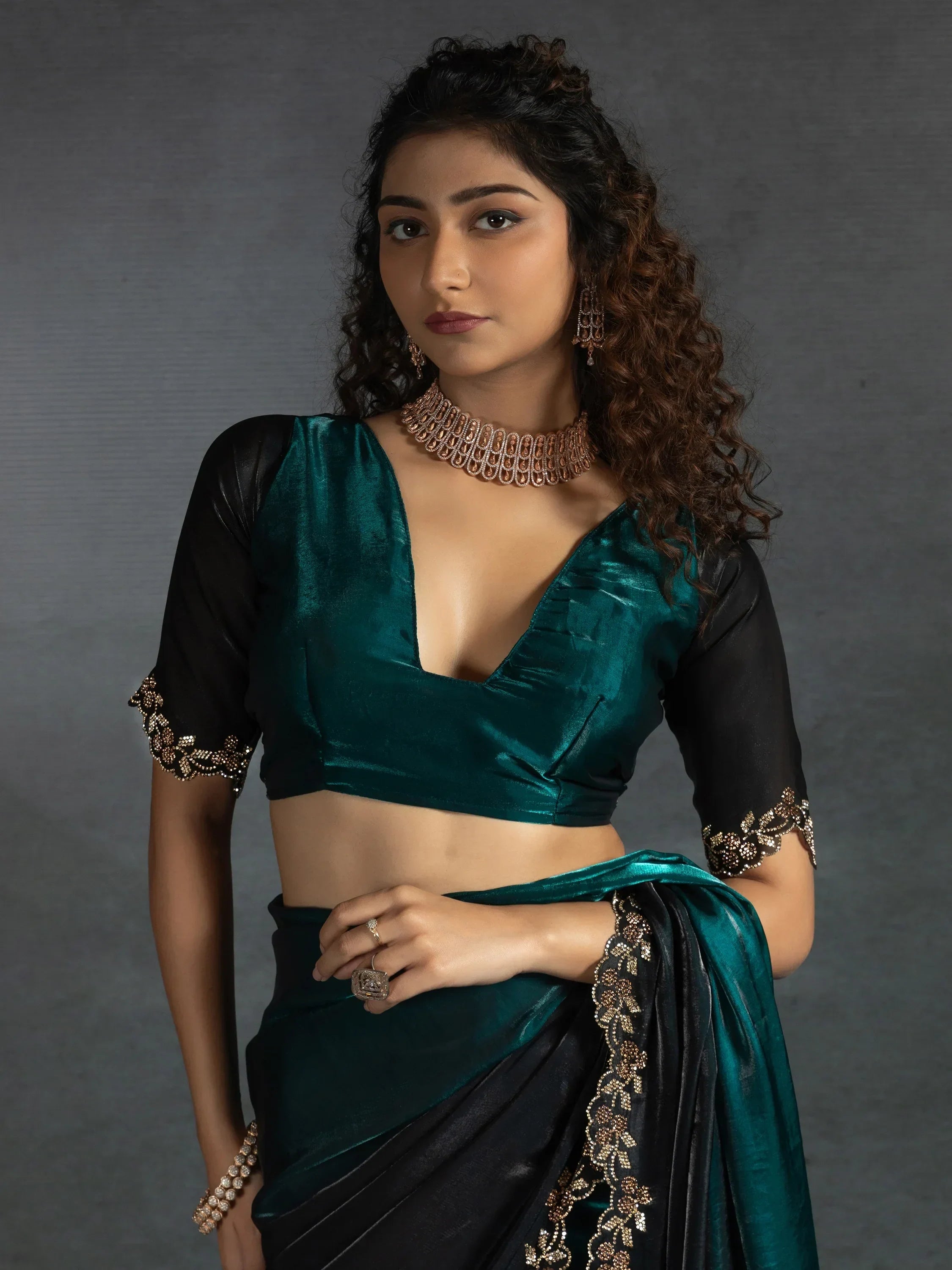 Gorgeous Teal Blue Border Work Satin Designer Saree With Blouse
