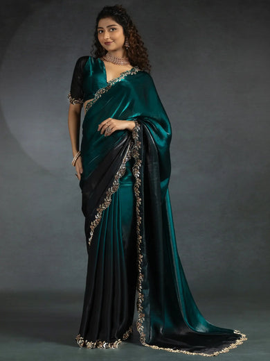 Gorgeous Teal Blue Border Work Satin Designer Saree With Blouse