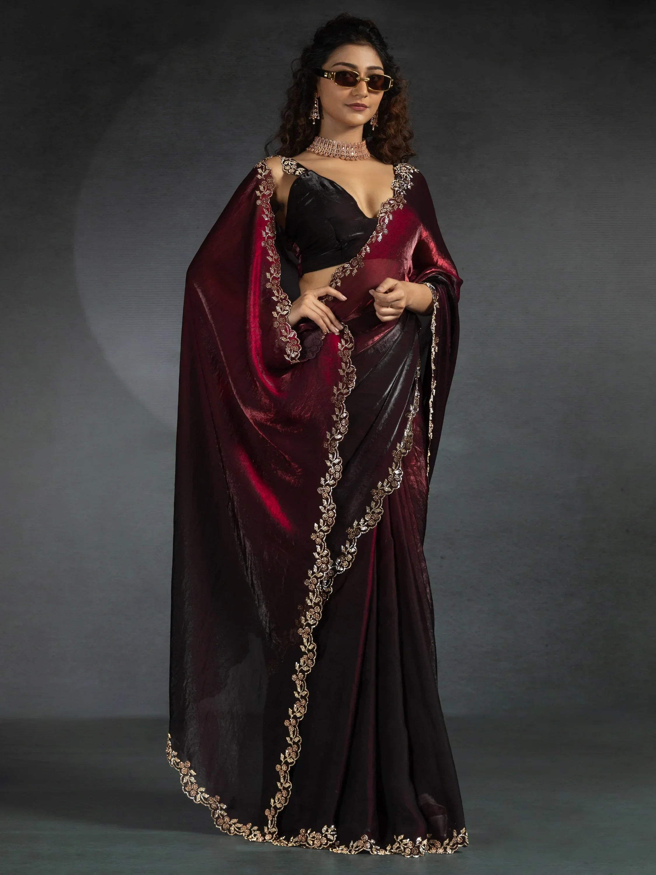 Astonishing Maroon Shaded Satin Party Wear Saree With Blouse
