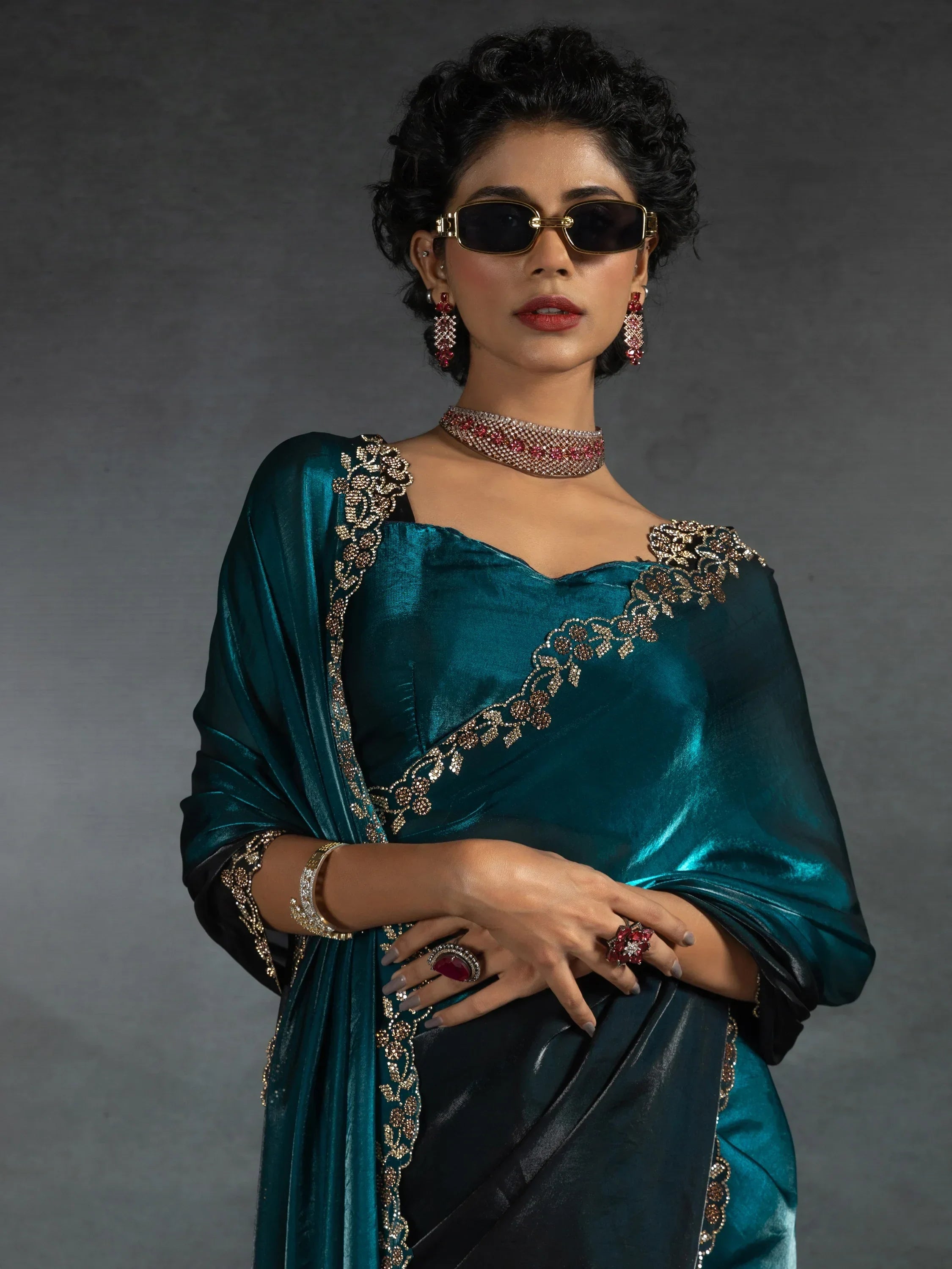 Spectacular Blue Border Work Satin Designer Saree With Blouse