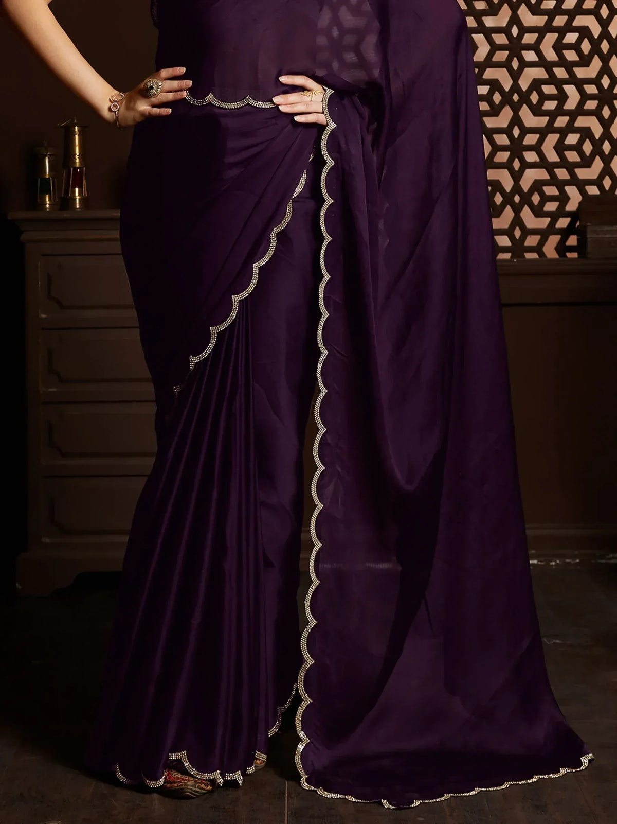 Deep purple saree with scalloped zari border, elegant Indian ethnic wear for women
