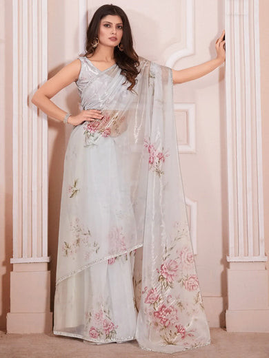 Astonishing White Floral Printed Organza Party Wear Saree With Blouse