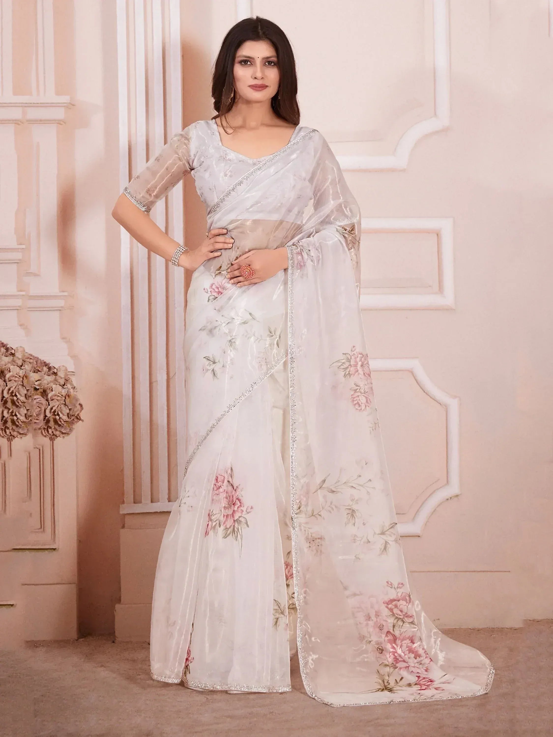 White floral printed saree with silver border, perfect for ethnic occasions and Indian weddings