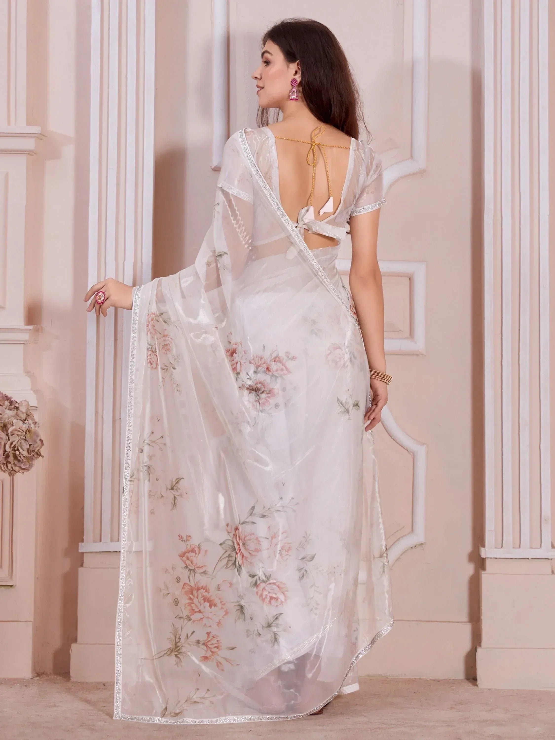 White floral saree with sheer blouse and back tie, elegant Indian ethnic wear for women