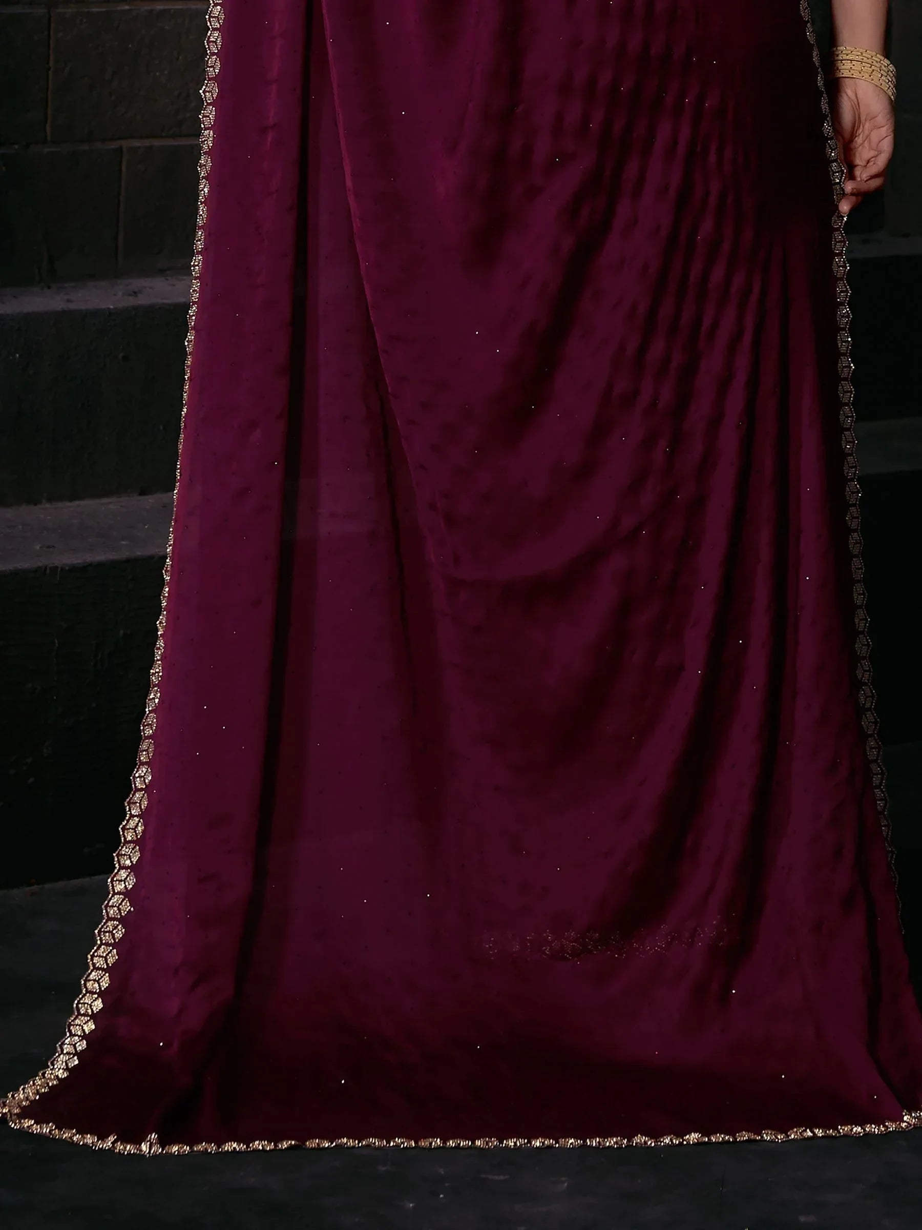 Bewitching Wine Zircon Work Satin Party Wear Saree With Blouse