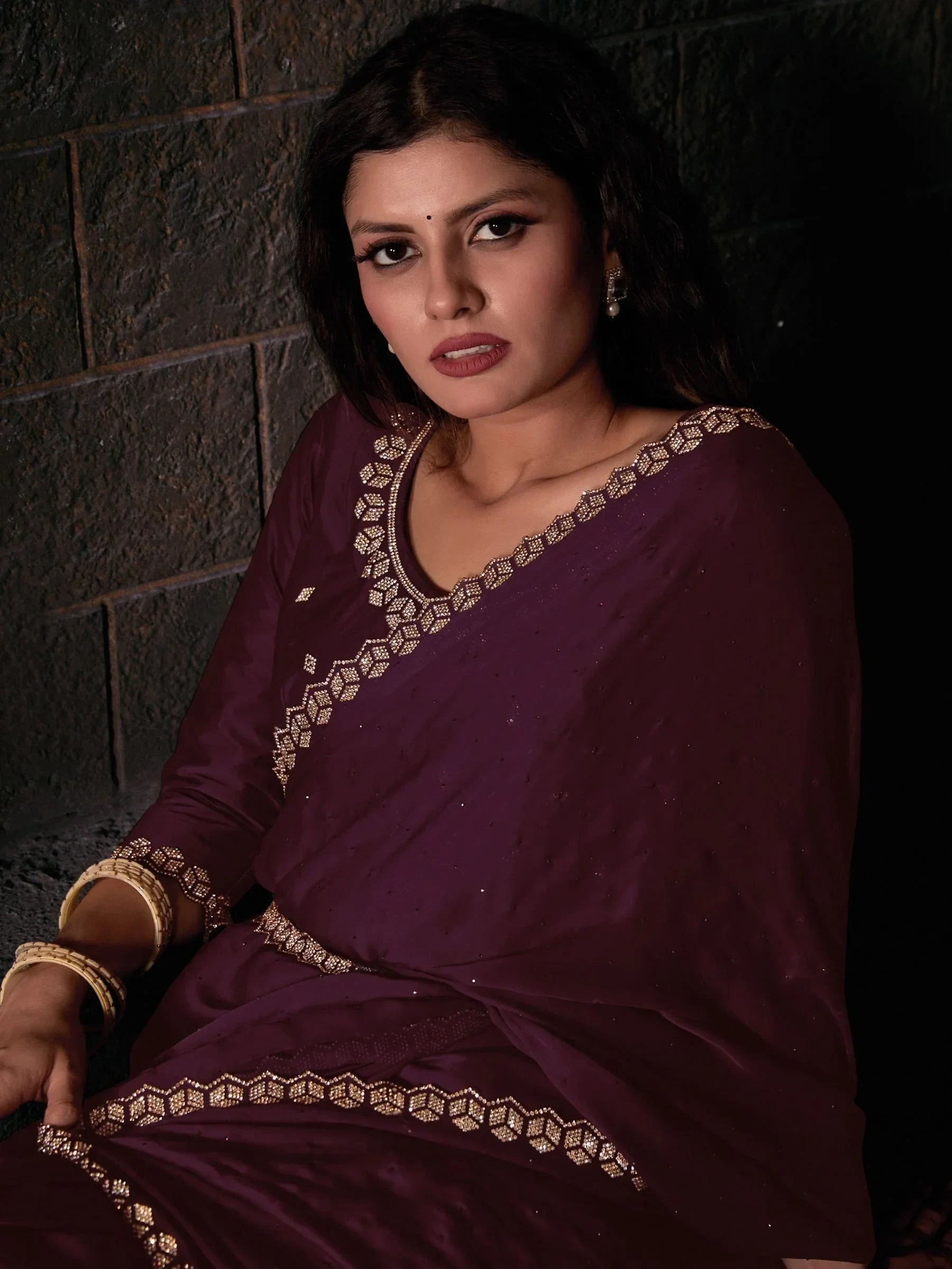 Bewitching Wine Zircon Work Satin Party Wear Saree With Blouse