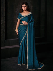 Beautiful Teal Blue Zircon Work Satin Designer Saree With Blouse