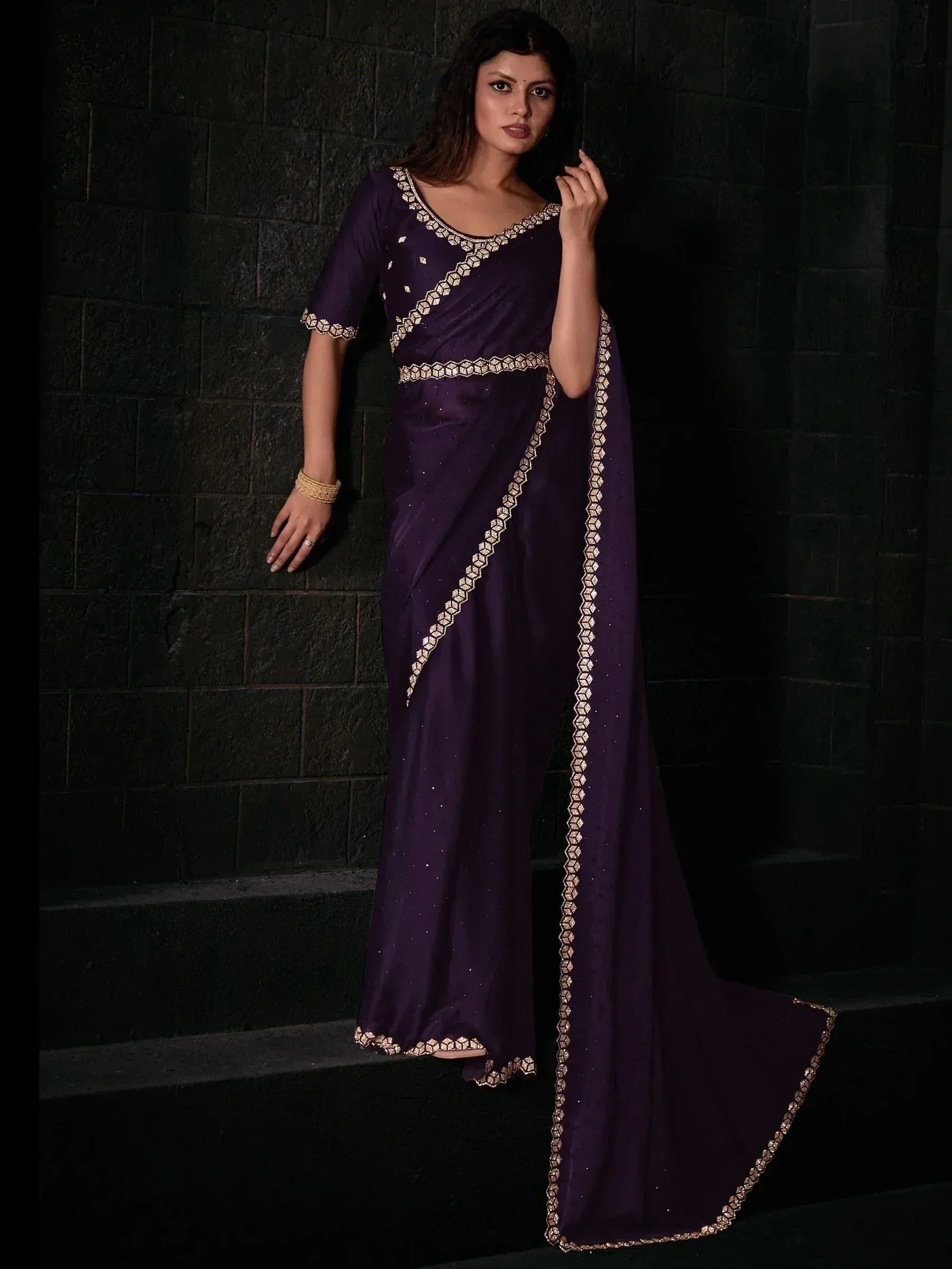 Purple designer saree with gold geometric embroidery, ethnic wear for women