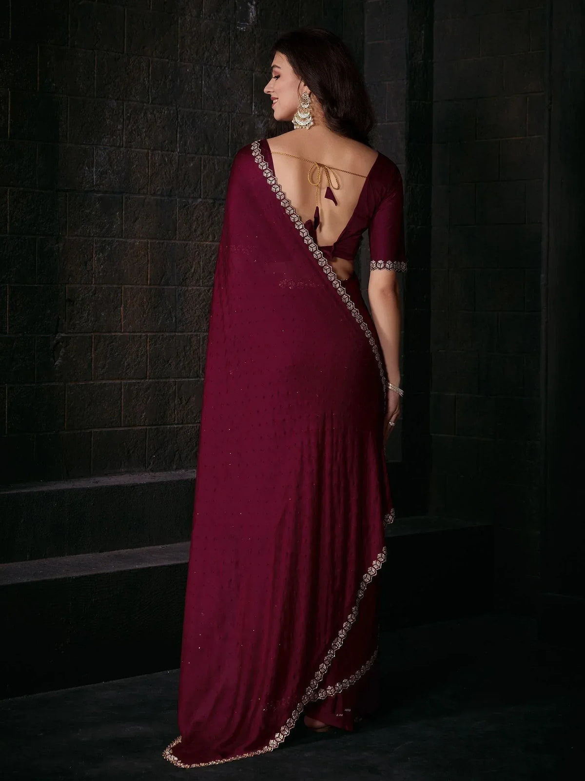Maroon designer saree with backless blouse and gold embroidery, ethnic wear for women