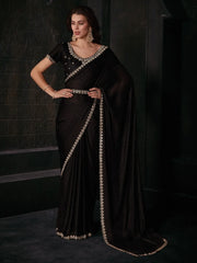 Enchanting Black Zircon Work Satin Party Wear Saree With Blouse