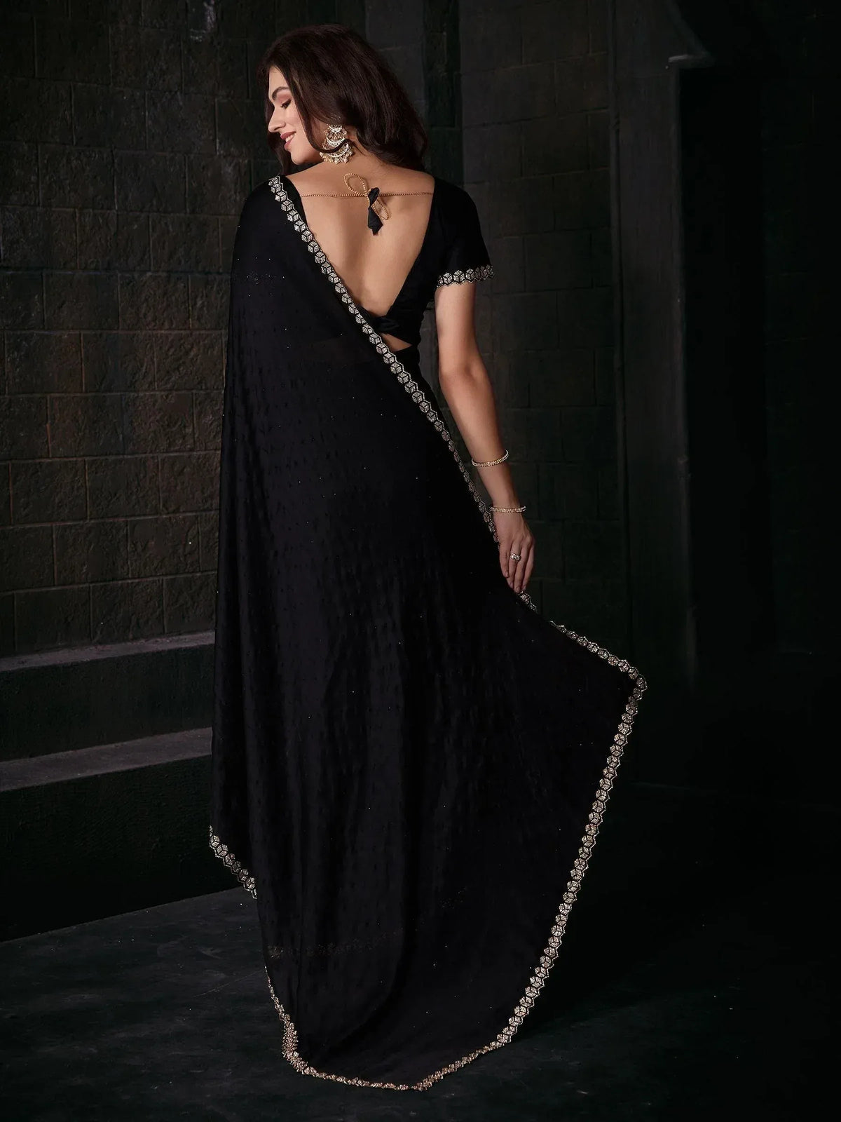 Black designer saree with gold border, backless blouse, ethnic wear for women