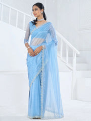 Mesmerizing Sky-Blue Swarovski Work Organza Event Wear Saree