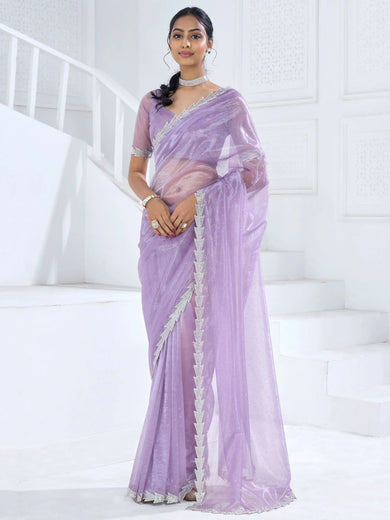 Enchanting Lavender Swarovski Work Organza Party Wear Saree