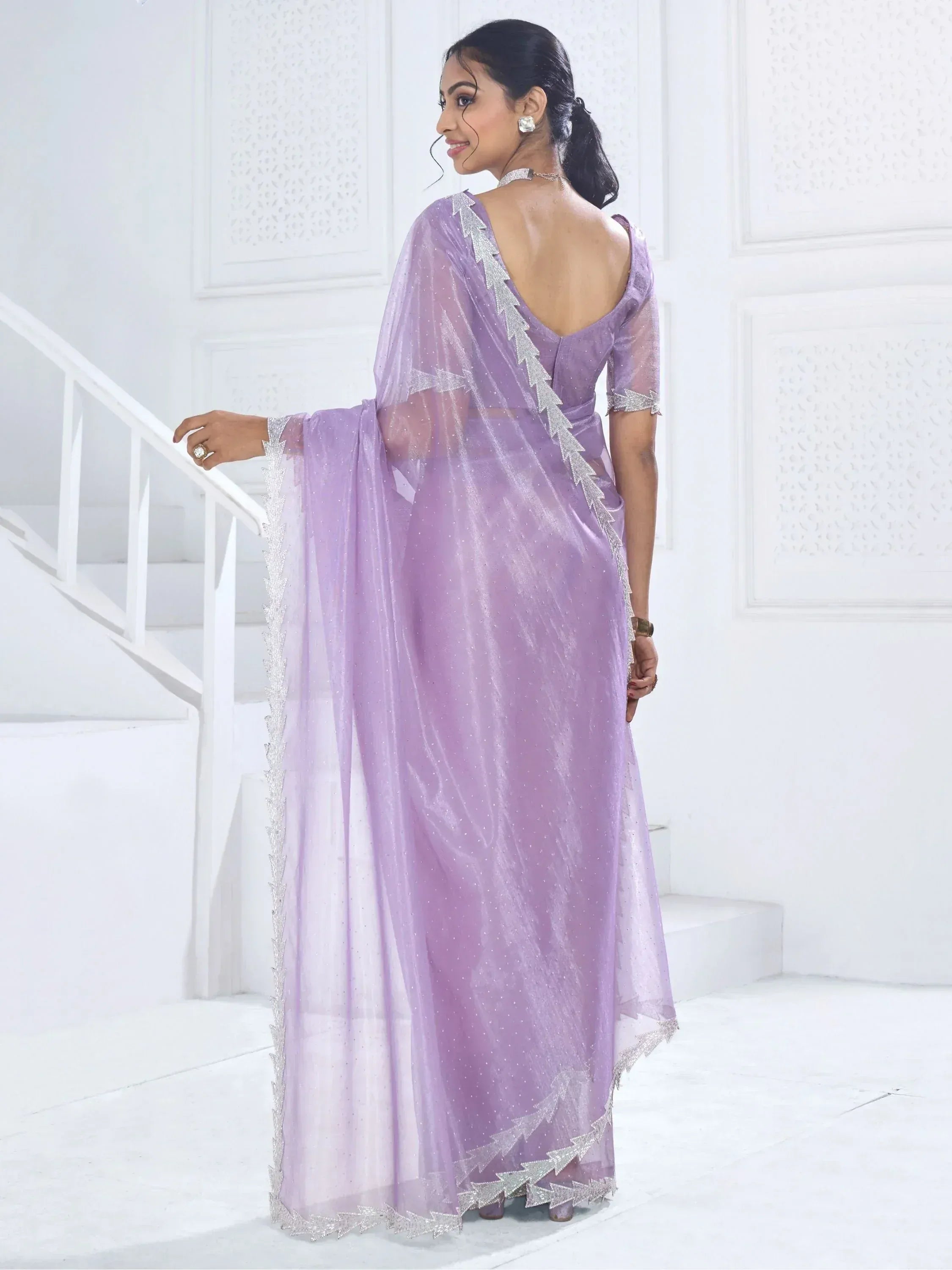 Lavender designer saree with silver embroidery, backless blouse, and sheer dupatta for ethnic wear