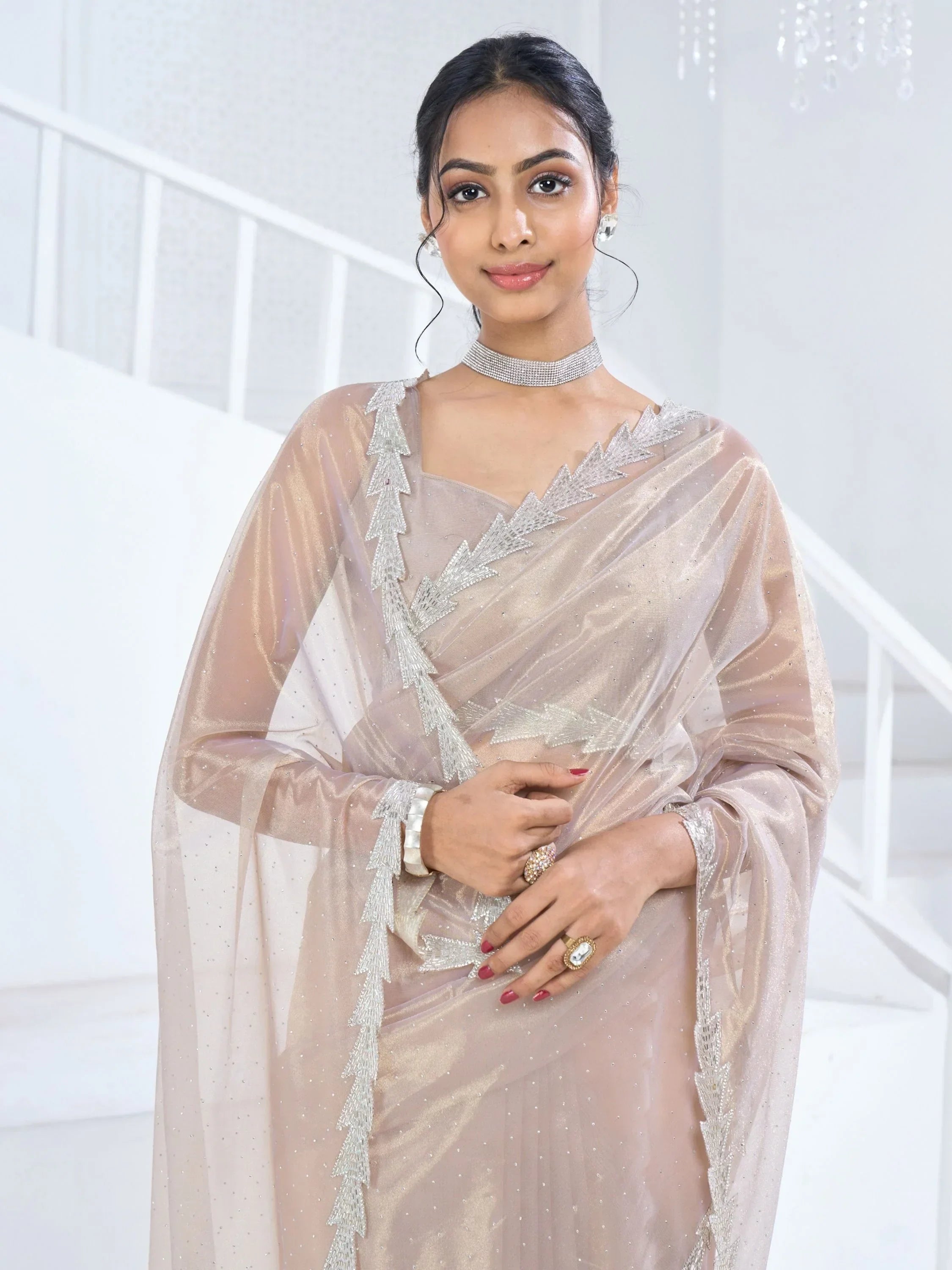 Charming Beige Swarovski Work Organza Designer Saree With Blouse