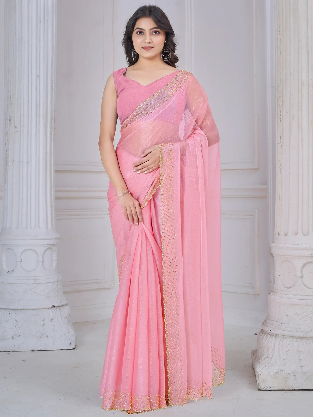 Pink saree with gold embroidery, elegant Indian ethnic wear for women