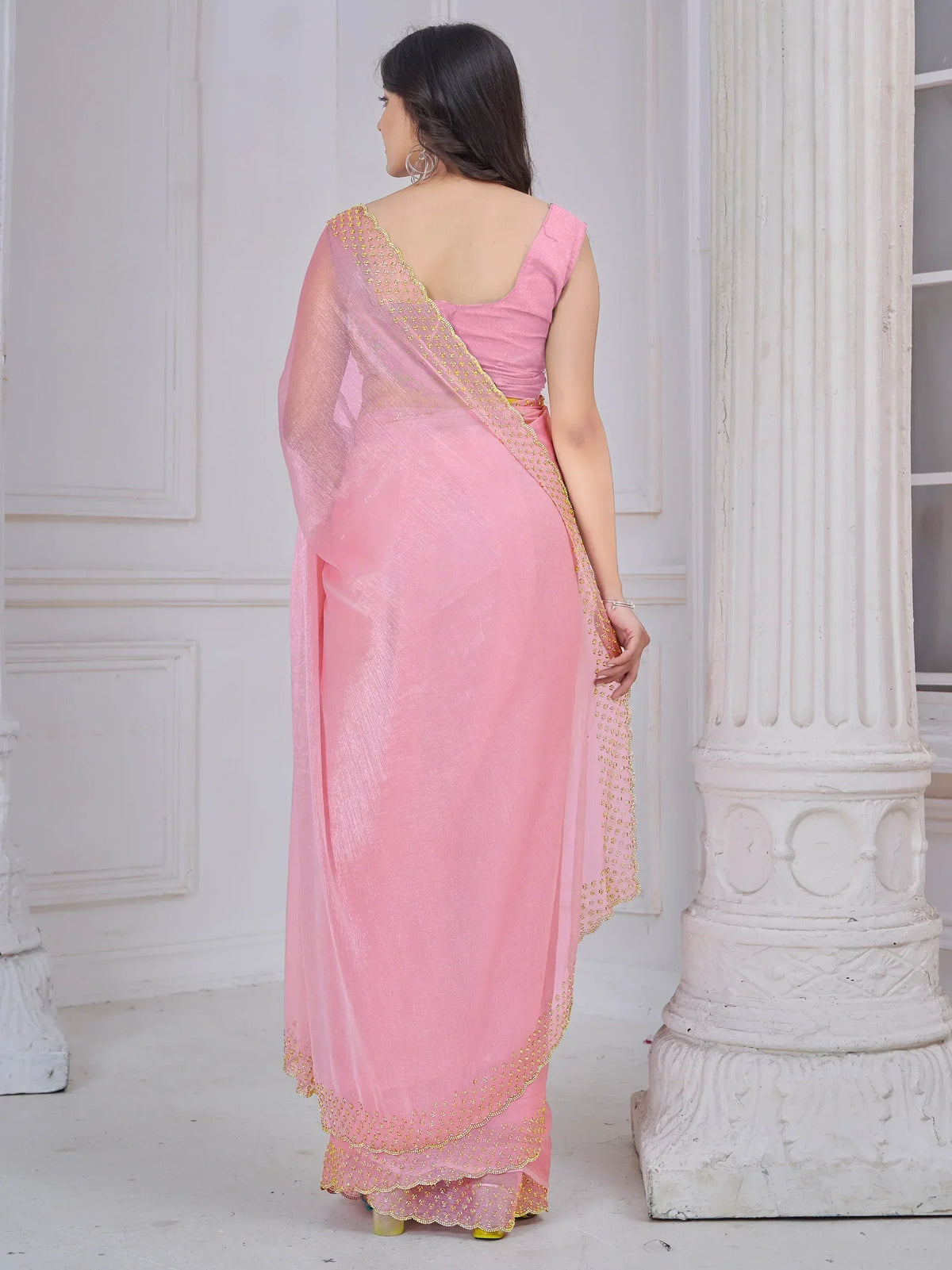 Pink saree with gold embroidery, elegant ethnic wear for women