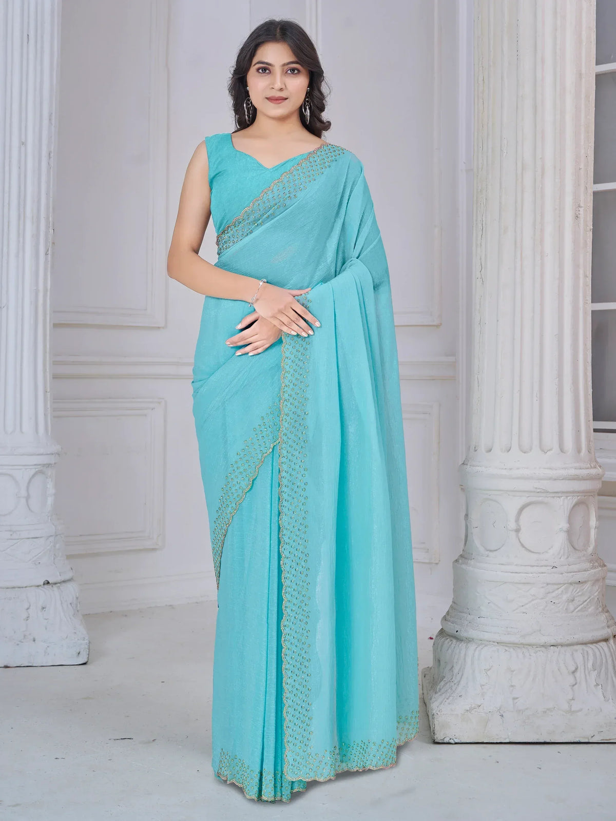 Turquoise saree with gold embroidery, elegant Indian ethnic wear for women
