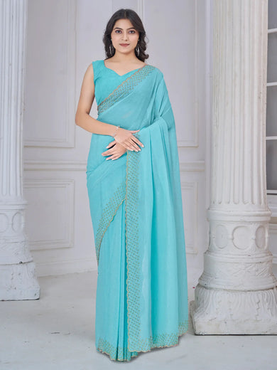 Dazzling Sky-Blue Border Work Organza Bollywood Saree With Blouse