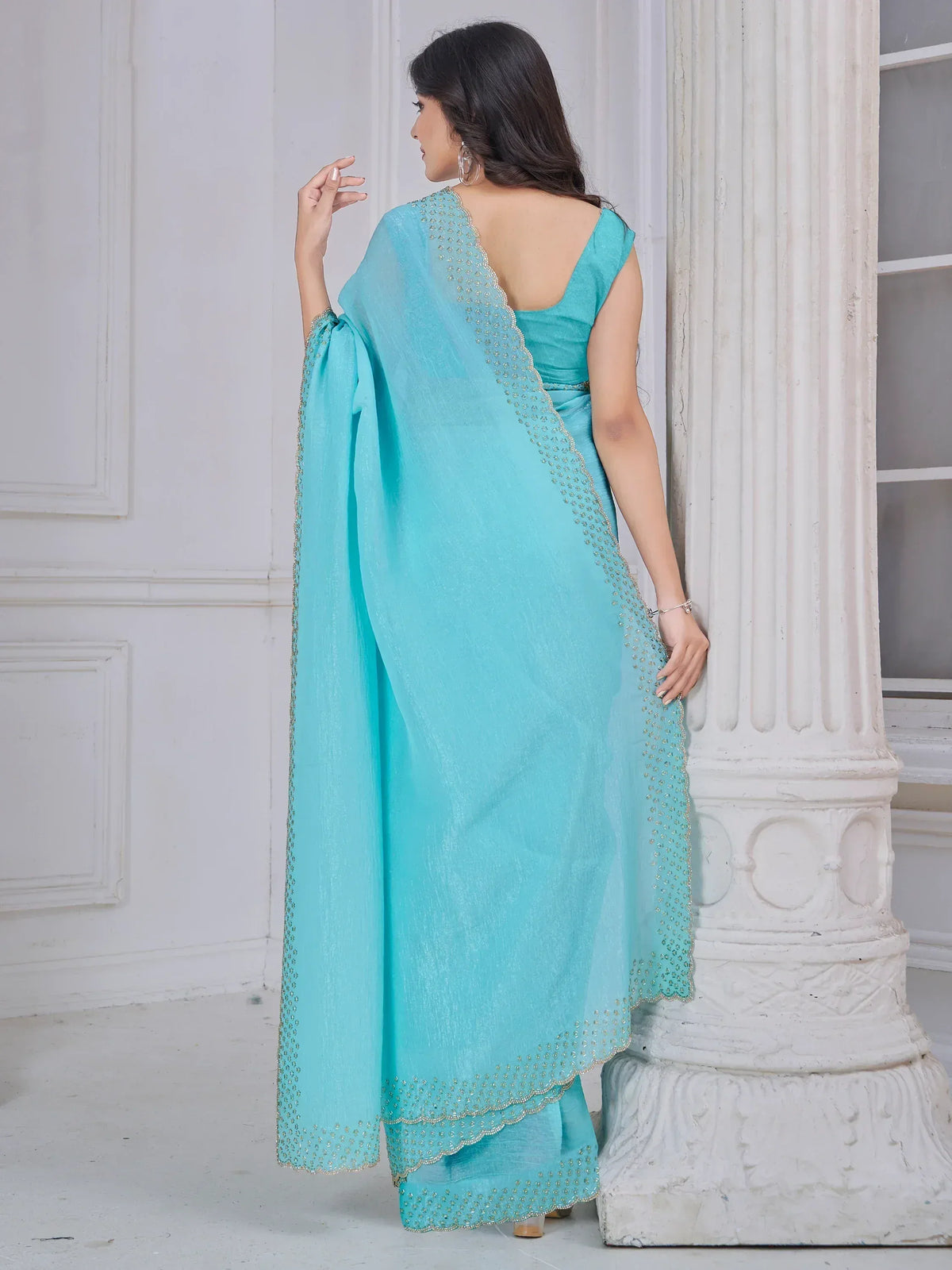 Turquoise saree with gold embroidery, elegant Indian ethnic wear for women