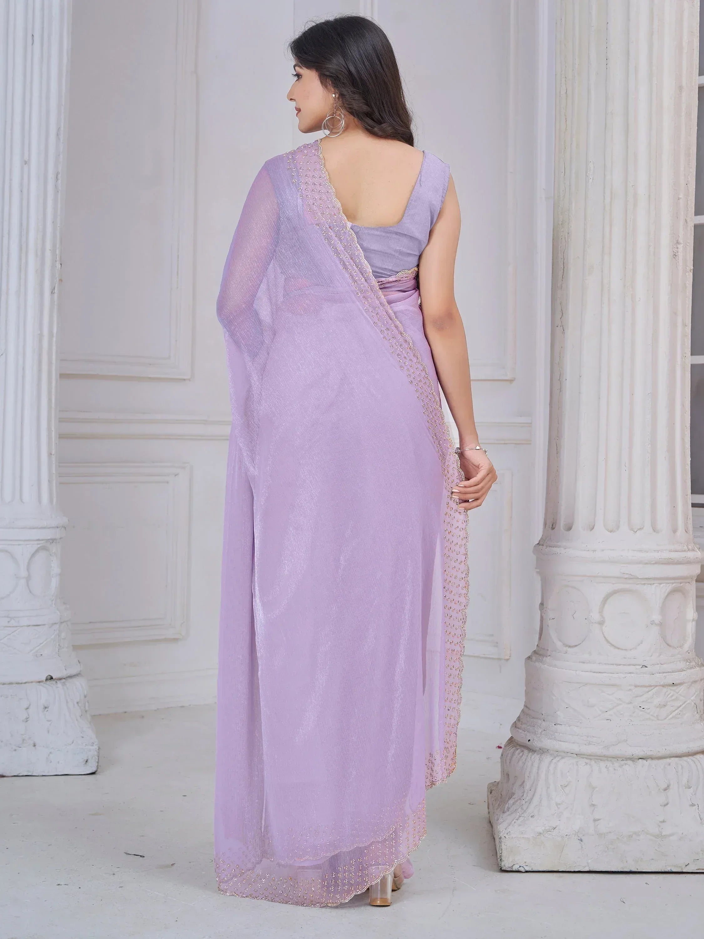 Lavender saree with gold embroidery, back view, elegant ethnic wear for women
