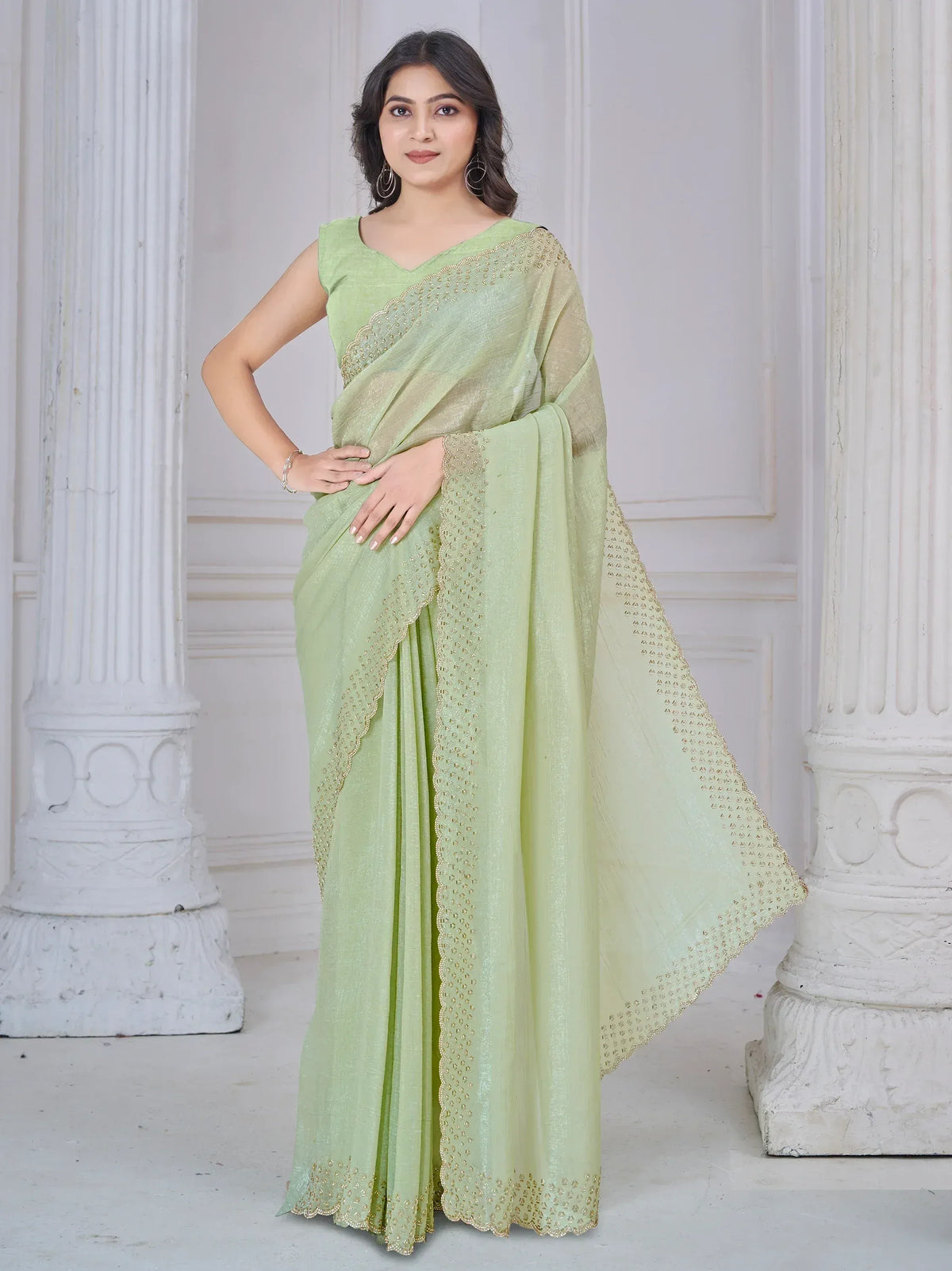 Light green saree with gold embroidery, elegant Indian ethnic wear for women