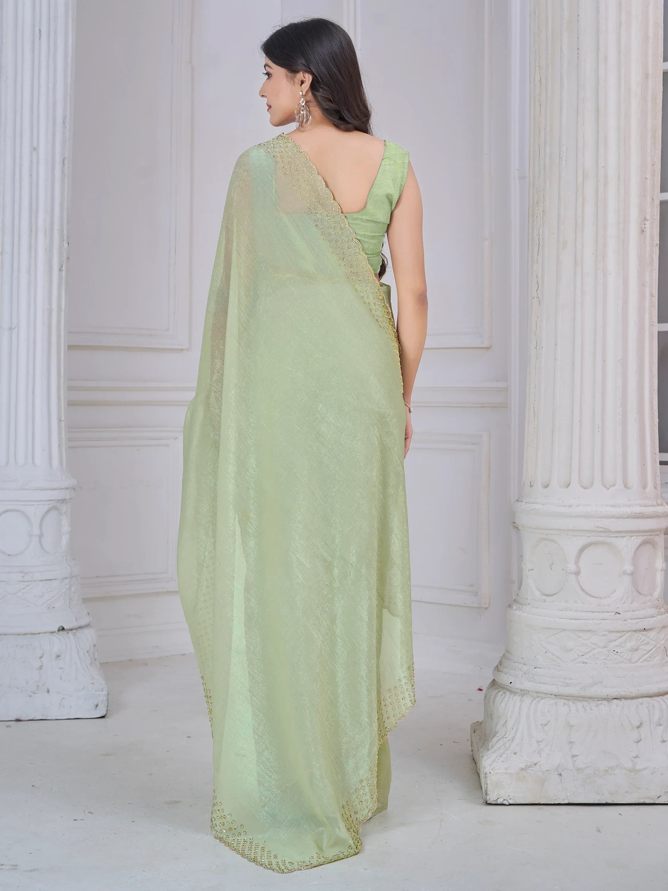 Awesome Pista Green Border Work Organza Festival Wear Saree