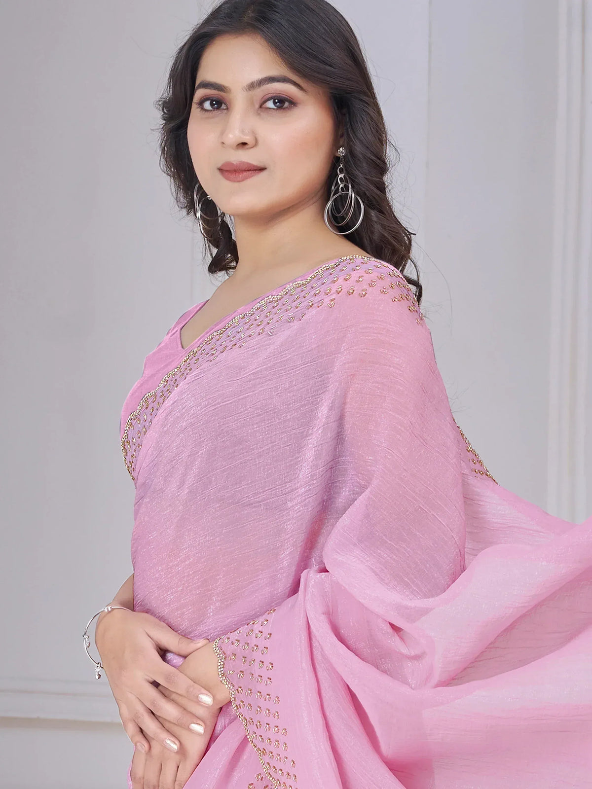 Pink saree with gold embroidery, elegant ethnic wear for women