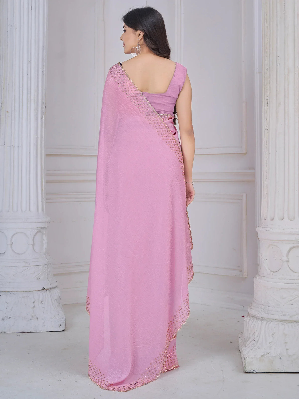 Pink designer saree with gold embroidery, elegant ethnic wear for women
