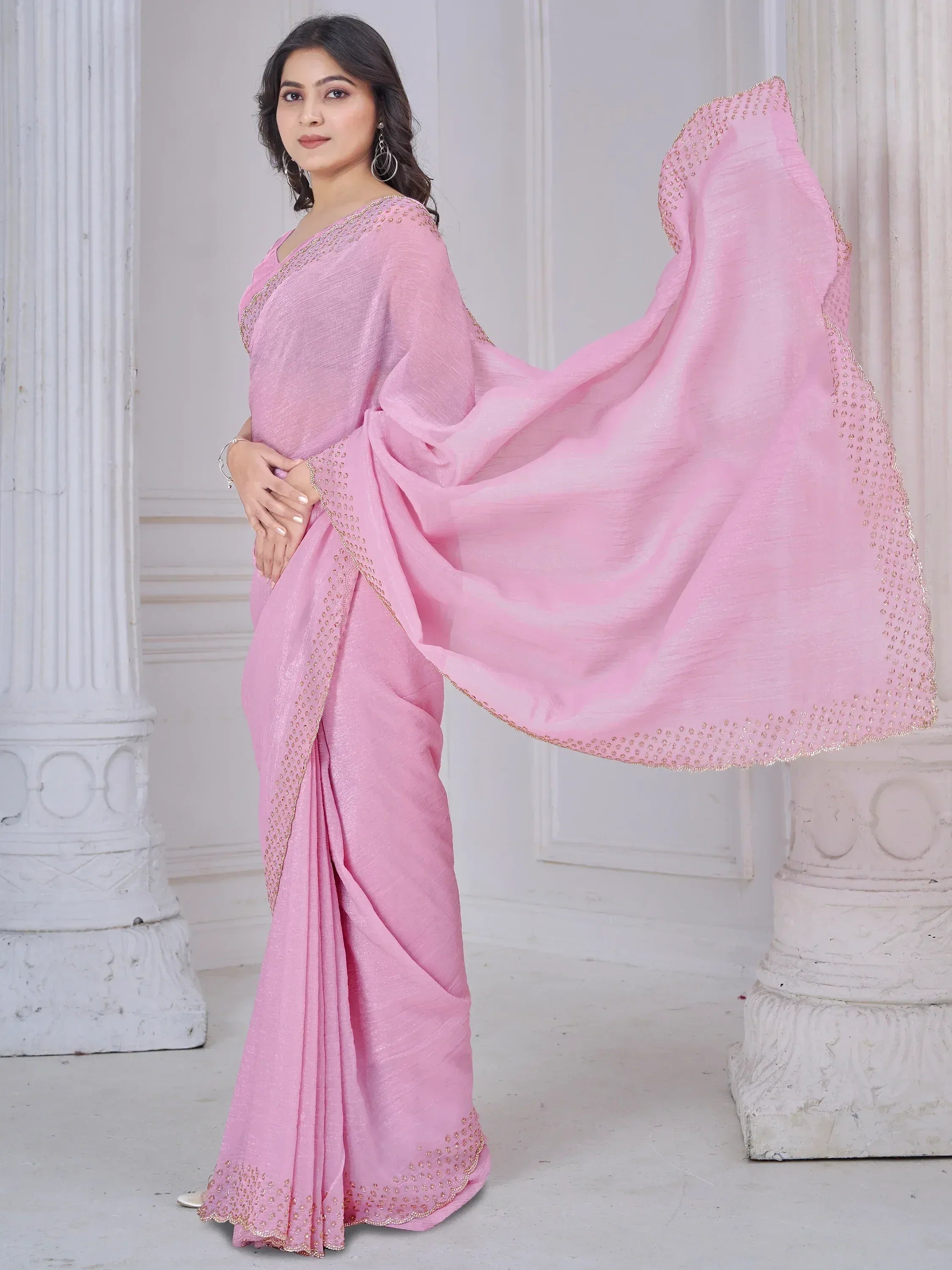 Pink saree with gold embroidery, elegant Indian ethnic wear for women