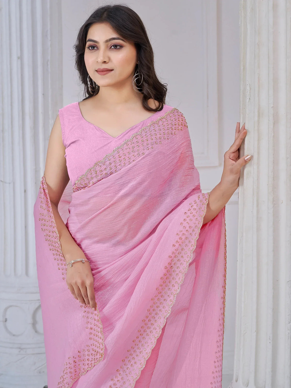 Pink saree with gold embroidery, elegant Indian ethnic wear for women