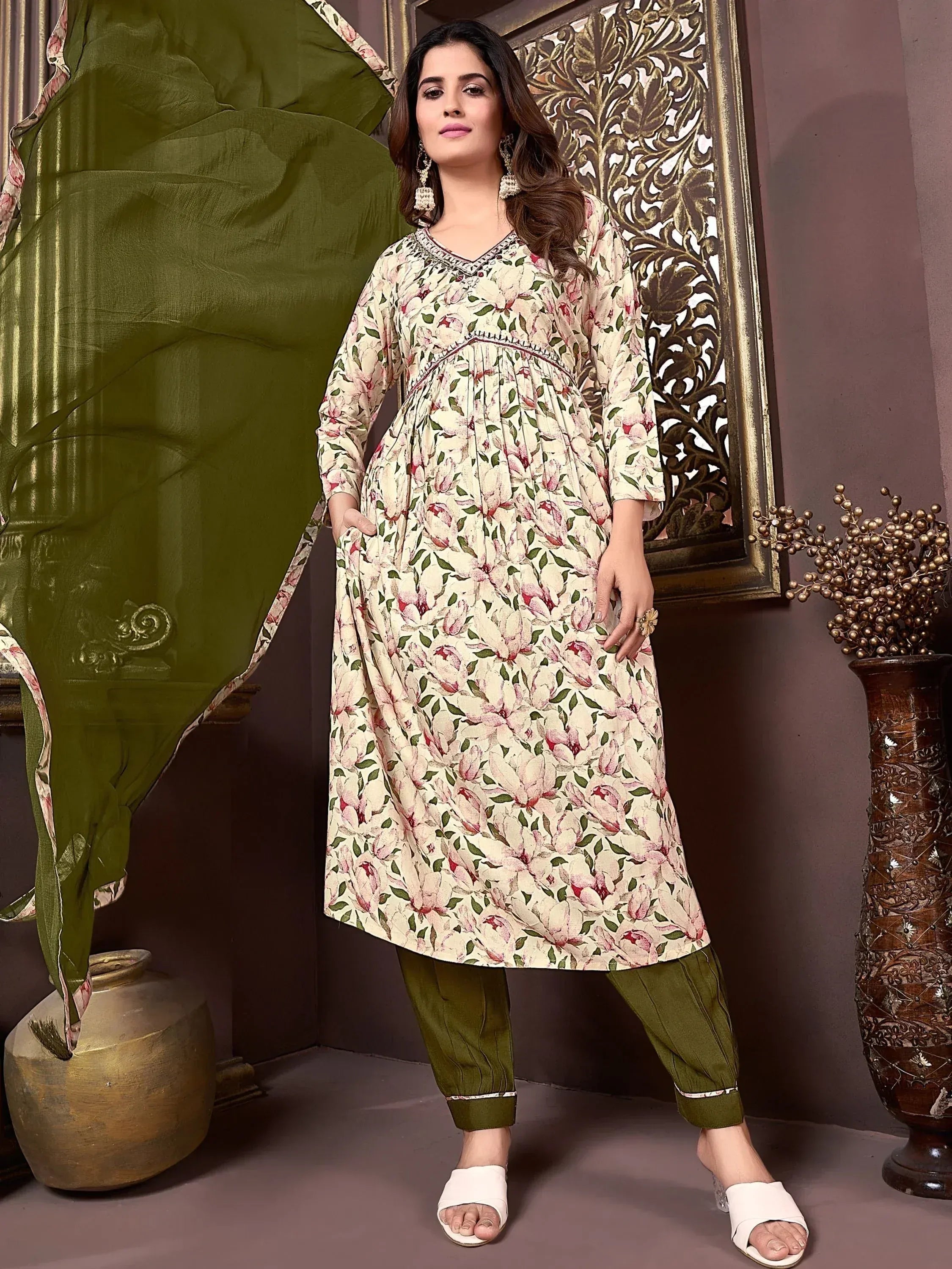 Floral printed ethnic kurti with olive pants, perfect for Indian festive wear