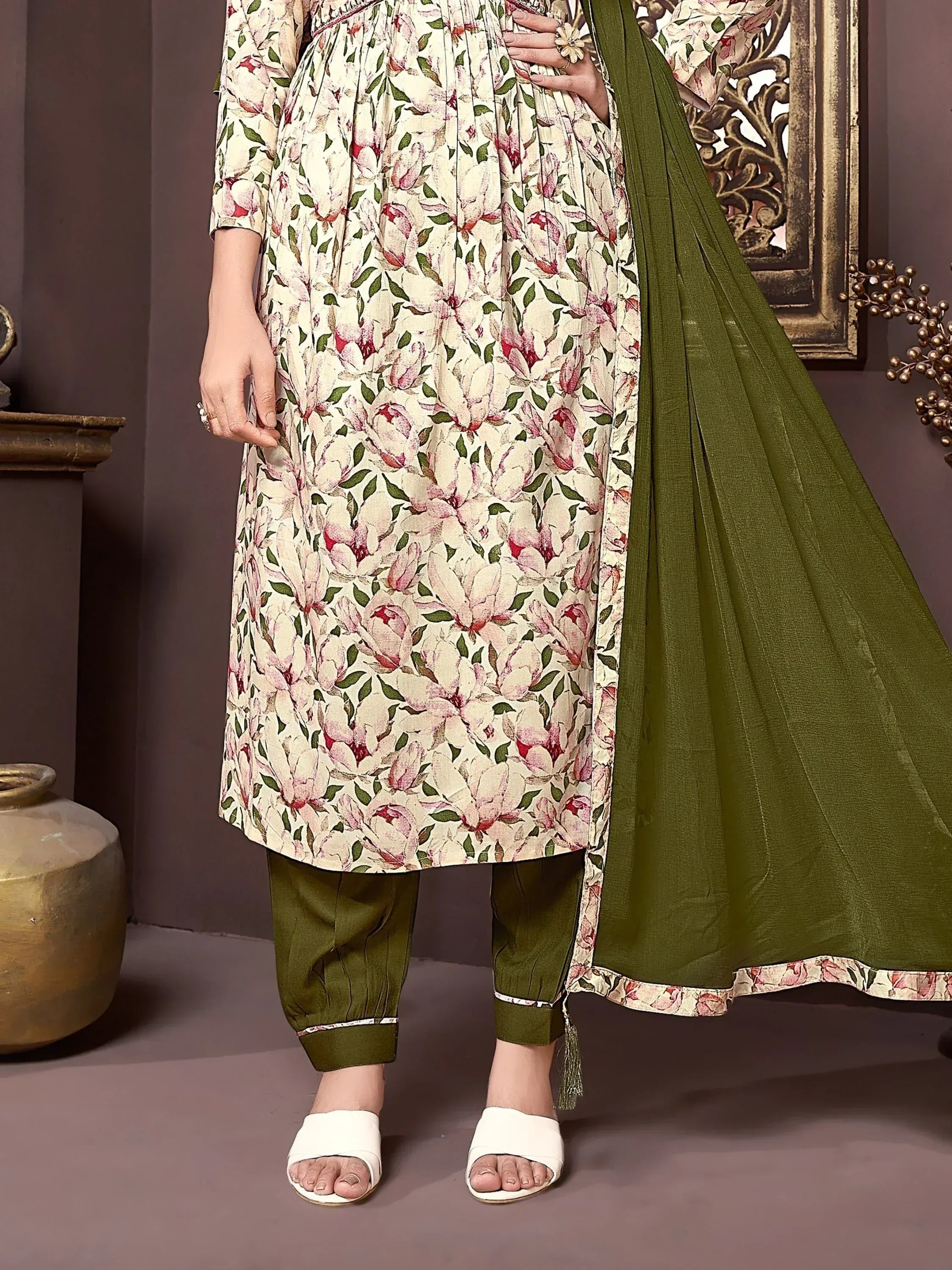 Floral printed ethnic kurta with olive green palazzo and dupatta, stylish Indian wear