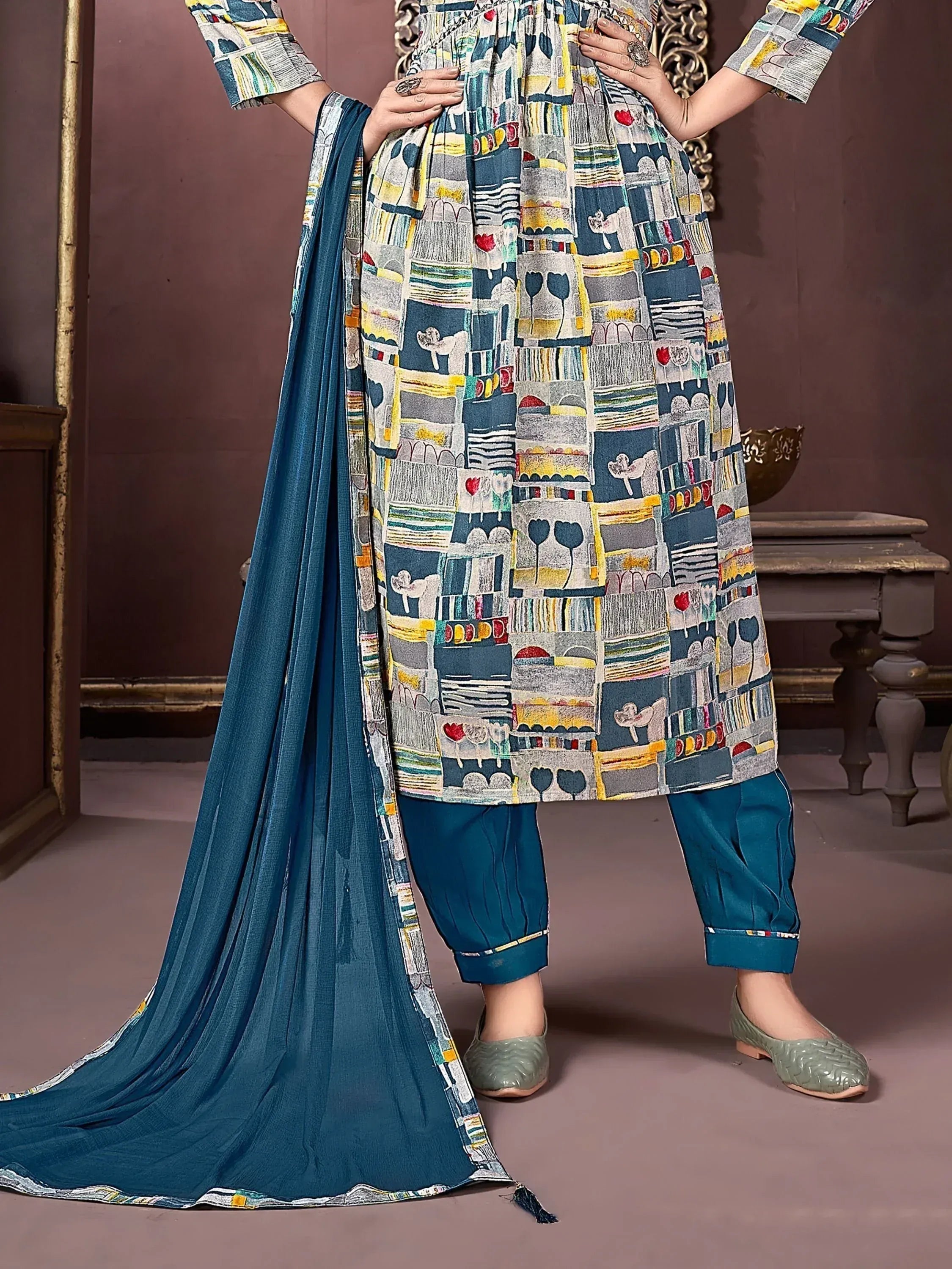Ethnic printed kurta with teal palazzo and dupatta, perfect for Indian festive wear