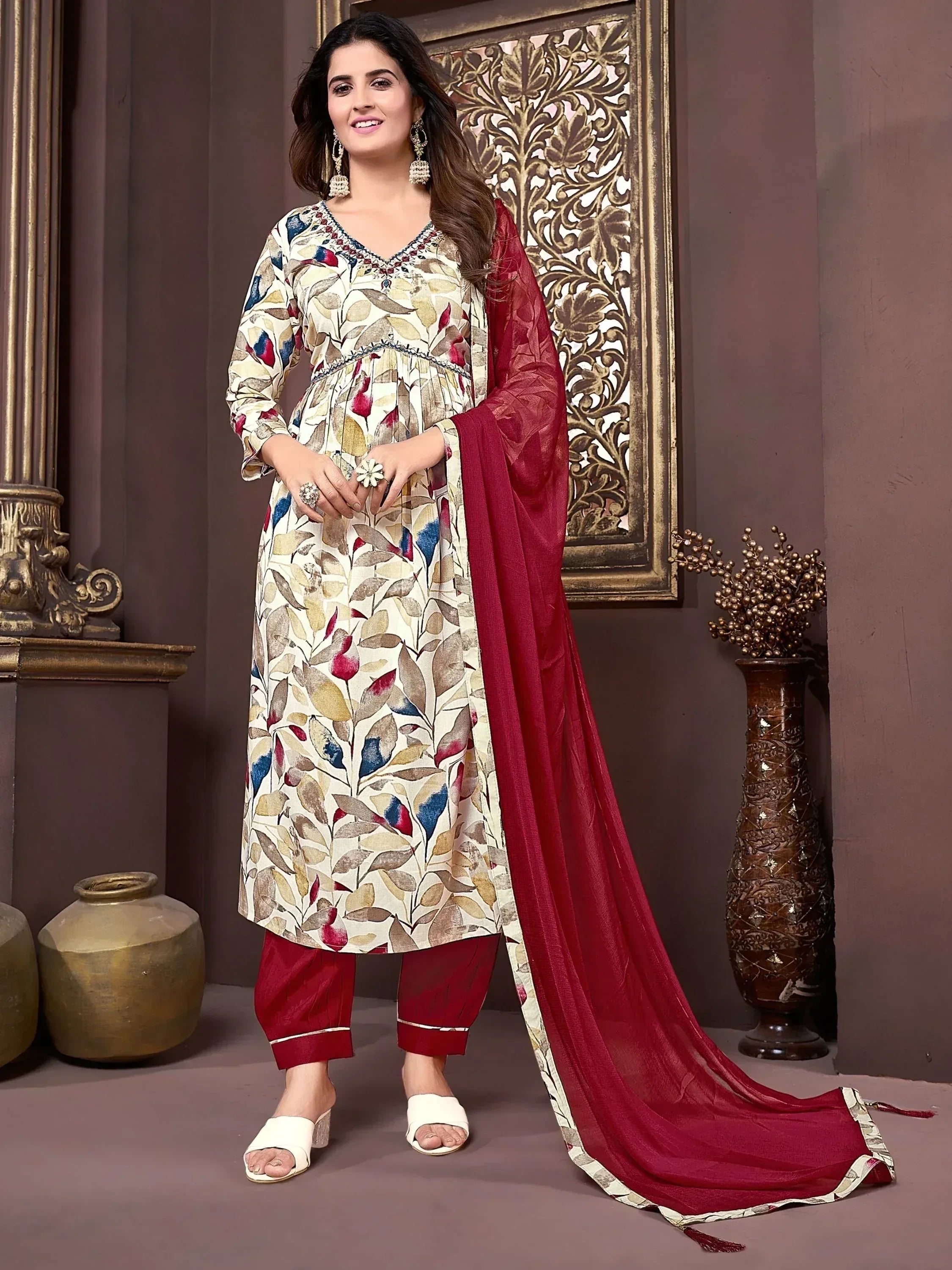 Floral print kurta with maroon palazzo and dupatta, Indian ethnic wear for women