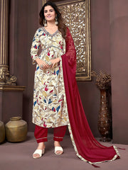 Pretty Off-White & Red Floral Printed Rayon Traditional Salwar Kameez