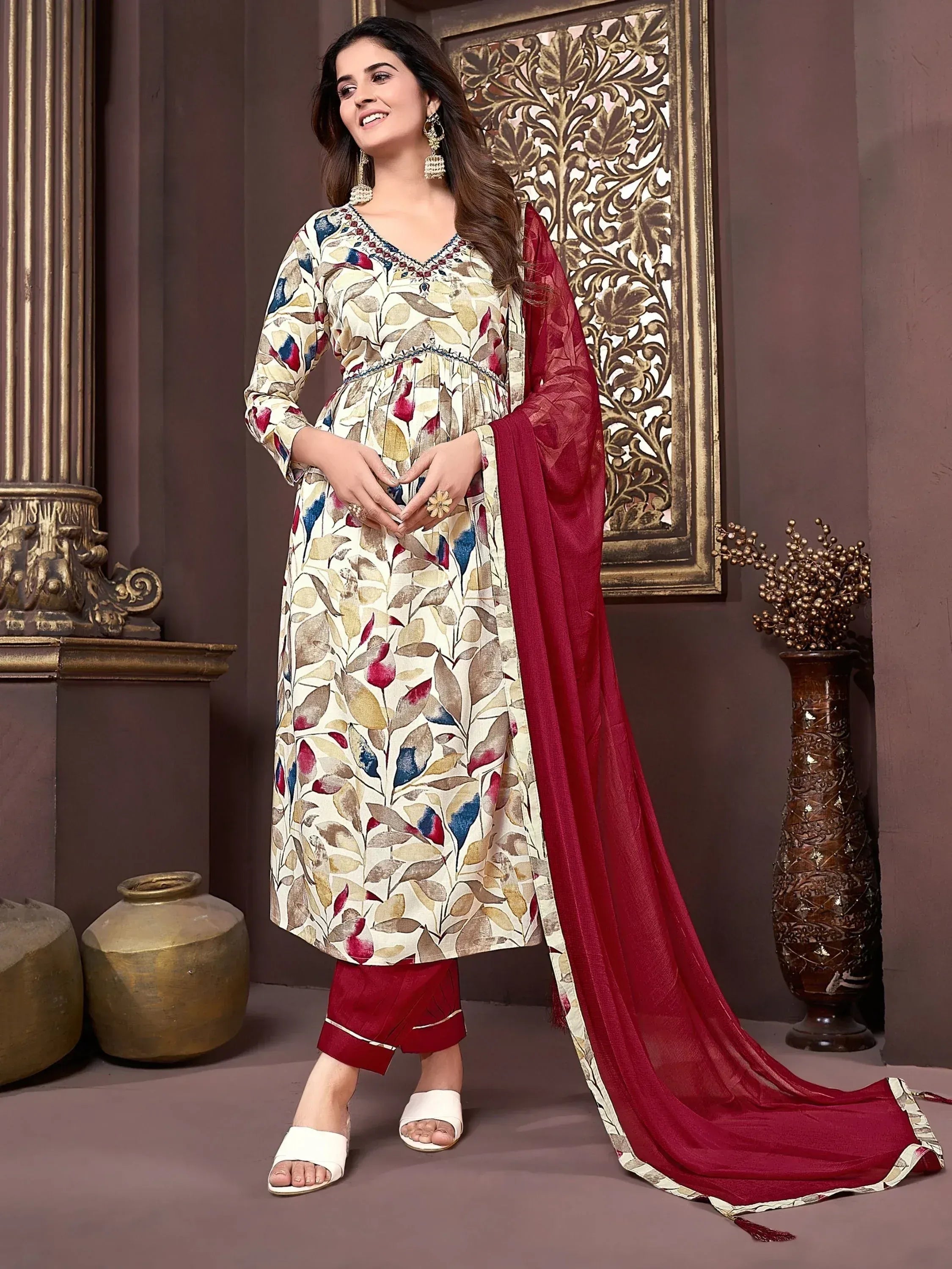Floral print ethnic kurta with red palazzo and dupatta, stylish Indian wear for women