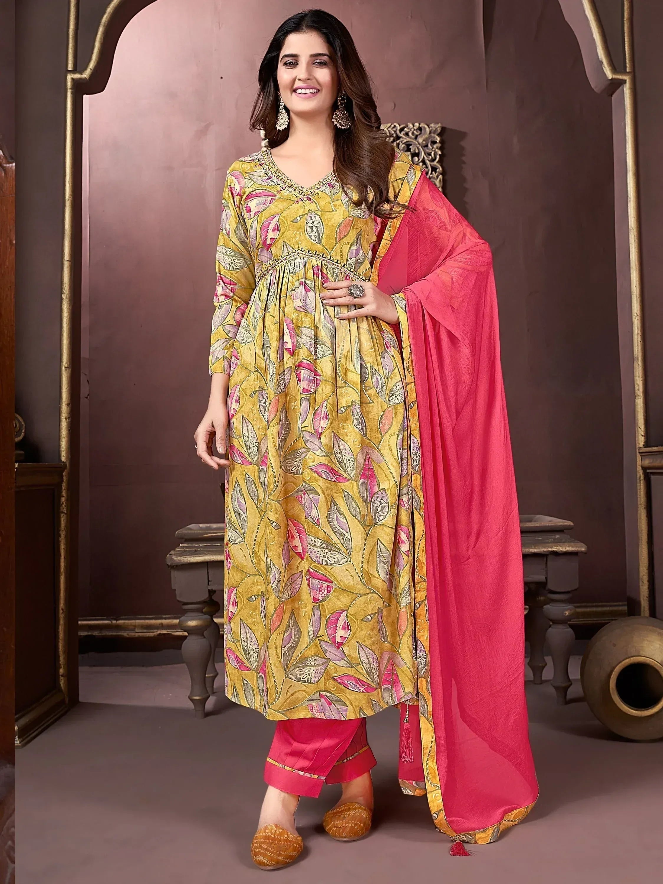 Yellow floral print salwar kameez with pink dupatta, ethnic Indian wear for women