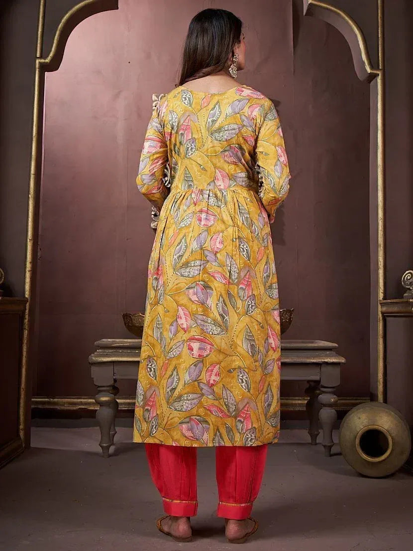 Yellow floral print kurta with red palazzo pants, ethnic Indian wear for women