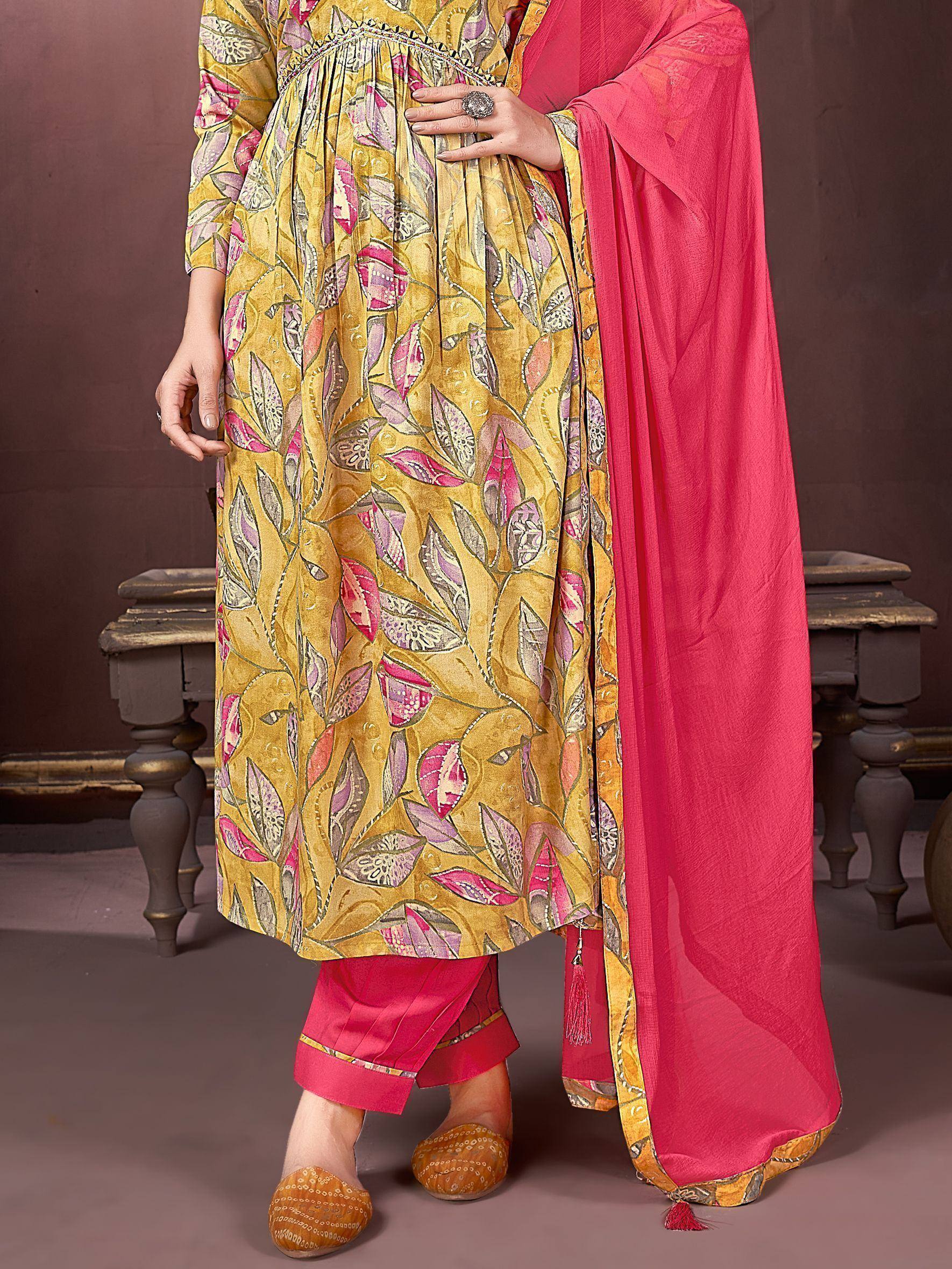 Yellow floral print salwar kameez with pink dupatta and pants, ethnic Indian wear