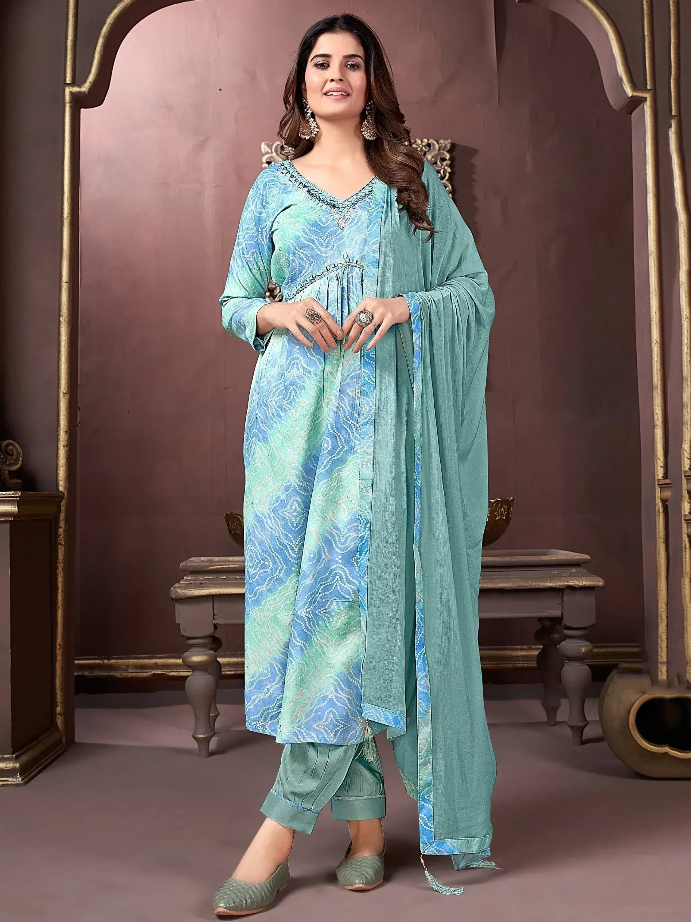 Turquoise printed salwar kameez with embroidered neckline and matching dupatta, ethnic Indian wear